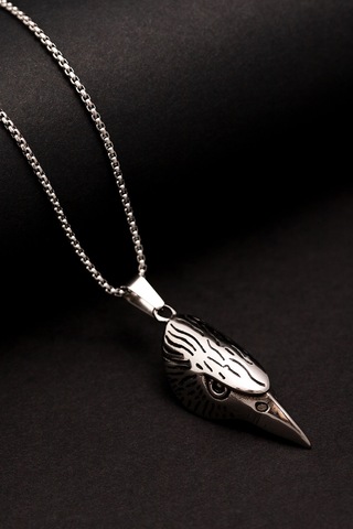 Osmanlı Gümüş Kartal Başı Figürlü Erkek Çelik Kolye Gümüş