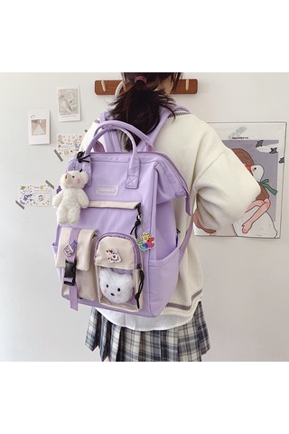 Samdoo Kadın Üniversite Öğrencisi İçin Büyük Kapasiteli 16" Siyah Çift Askılı Çanta - Badge Aksesuar, Dayanıklı Kumaş, Modern Stili Siyah