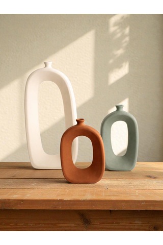 Modern Beton Dekoratif Vazo Seti 3 Lü Bohem & Minimal Tasarım 35 Cm 21 Cm 18 Cm Beyaz-adaçayı-tarçın