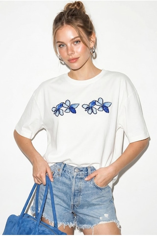 Shade Kadın Bisiklet Yaka Taş Baskı Detaylı Oversize Pamuklu T-shirt Öt100013 60286272 - Beyaz-mavi Beyaz - Mavi