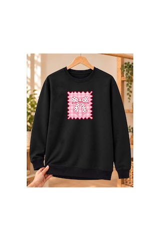 Mor Mürekkep Kadın %100 Pamuk 3 İplik Şardonlu Pötikare Kalpli Fiyonk Baskılı Bisiklet Yaka Sweatshirt Siyah
