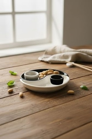 Yin & Yang 2&apos Li Özel Tasarım Sosluklu Kahvaltılık Tabağı Sosluk Çerezlik Kase Dekoratif Tabak 20 Cm Açık