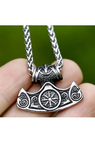 Paslanmaz Çelik Mitolojik Viking Vegvisir Viking Pusula Kolye Gümüş