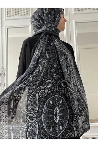 Modakaşmir Aminenesil Etnik Desen Soft Pamuk Şal Siyah Beyaz Renk
