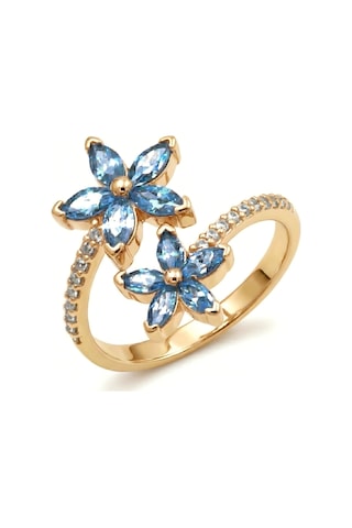 Mikro Taşlı Mavi Kardelen Çiçeği Gümüş Yüzük - Altın Altın