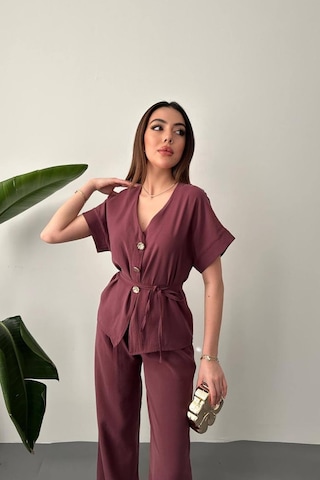 Duygudan Mürdüm Düğme Detaylı İkili Modal Takım - Mürdüm Çok Renkli