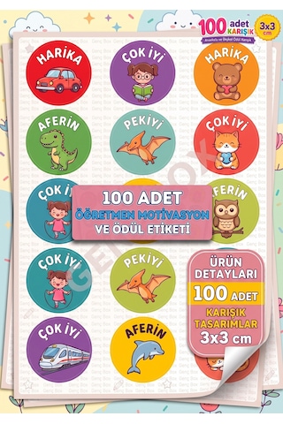 Öğretmen Motivasyon Ve Ödül Etiketi 3x3 Cm 100 Adet Karışık Ödül Sticker Seti Anaokulu Ve İlkokul İçin Renkli Diğer