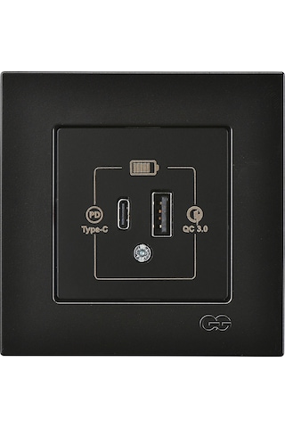 Günsan Eqona Metalik Siyah 2 Çıkışlı USB Şarj Prizi Type C + Type A 20W