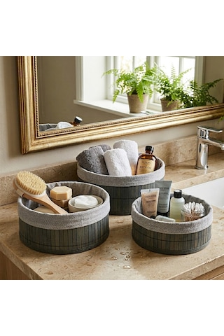 Gri 3 Boy Yuvarlak Bambu Kenar Organizer Sepet Ahşap Altlık - Bezli Çap: 22x24x29cm Çok Renkli