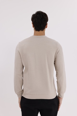 Rowinger Petek Yüzeyli Bisiklet Yaka Rahat Kalıp Lastik Manşetli Mevsimlik Sweatshirt Beıge