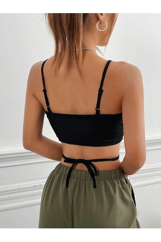 Liona Yuvarlak Yaka Askılı Çapraz Bağcıklı Siyah Renk Fitilli Crop Top Büstiyer