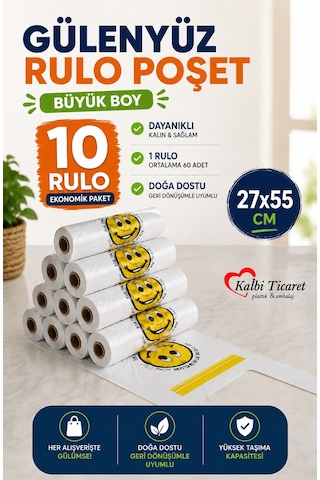 Baskılı Rulo Poşet Büyük Boy 10'lu Gülenyüz Hışır Atlet Poşet Market Manav Poşeti Çöp Poşeti