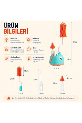 Valkyrie 3'lü Dinazor Biberon Temizleme Fırça Seti Silikon Biberon - Emzik ve Pipet Fırçası Yeşil