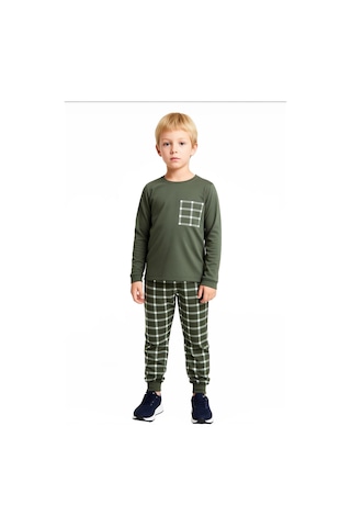 Ersefa Erkek Çocuk Pamuk Polyester Örme Pijama Takımı Ekose Desenli Kali Haki