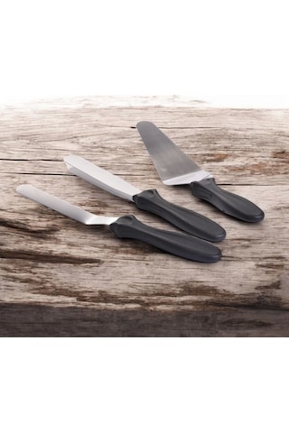 Mybru Paslanmaz Çelik Kaymaz Saplı 3'lü Spatula Seti Metalik Gri