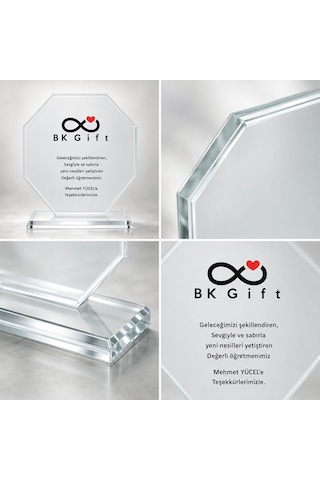 Logonuza Özel 5 Adet 14 X 14 Cm Mesajlı Sekizgen Şeffaf Kristal Cam Plaket Seti