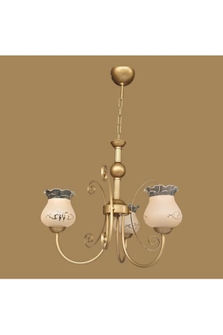 Üçlü Fiskiyeli Avize Eskitme Statik Boyalı Metal Top Detaylı Somon Rengi Desenli Camlı