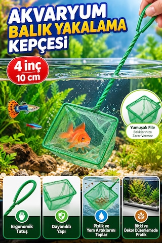 Akvaryum Balık Yakalama Kepçesi 4 İnç 10 Cm Fileli 33 Cm Saplı Balık Kepçesi Temizlik Aksesuarı File