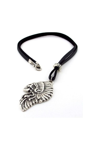 Solfera Kızılderili Kurukafa Siyah Deri Metal Erkek Kolye Q0592 Gümüş