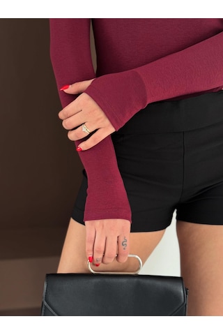 Elaxi Kadın Bisiklet Yaka Uzun Kollu Parmak Geçme Detaylı Altı Çıtçıtlı Full Likralı Buzzy Body Bordo