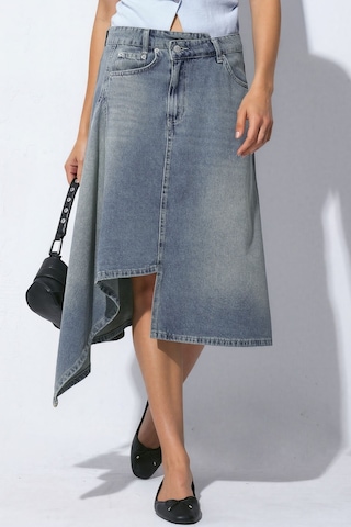Hiccup Asimetrik Yıkama Efektli Midi Denim Etek Orta Mavi Denim