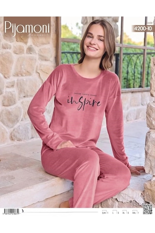 Pijamoni Kadın Kışlık Bisiklet Yaka Likralı Kadife Pijama Takımı 4200/10 - 1 Adet 001