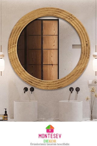 Antik Ahşap Dekoratif Ayna Yuvarlak Banyo Duvar Aynası 56 Cm Naturel