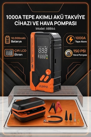 Auhma Akü Takviye Cihazı -Powerbank Özellikli Çantalı Akü Takviyeli Oto Hava Kompresör