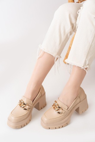 Asmi Shoes Kadın Zincir Tokalı Karmi 8 Cm Topuklu Platformlu Loafer Ayakkabı Bej Bej