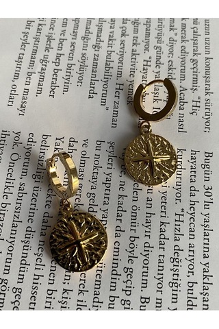 Kutup Yıldızı Halka Çelik Kararmaz Gold Kaplama Küpe Çifti