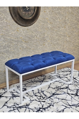 Zafir Beyaz Boyalı - L - Ayaklı 100 Cm X 38 Cm Oturak - Bench - Makyaj Taburesi - Makyaj Oturak Mavi