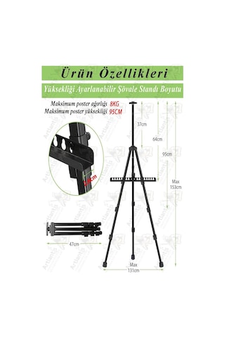 Metal Şövale 1 Adet Siyah Teleskopik Ayaklı Çantalı Resim Şövale Portatif Ayarlanabilir Tripod Üç Ayaklı Alümünyum