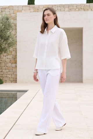 Kadın Beyaz Oversize Keten Görünümlü Gömlek Kısa Kollu Düğmeli Rahat Kalıp Yazlık Gömlek Basic Bluz