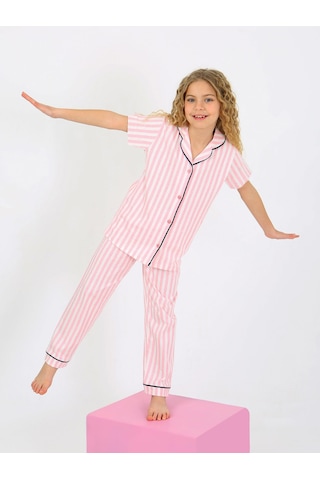 Kız Çocuk Kısa Kollu Düğmeli %100 Pamuklu Pijama Takımı Pinky Pembe