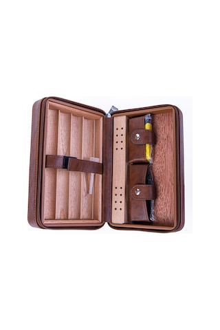 Cohiba Kahverengi Çakmak Kesicili Deri Puro Taşıma Çantası & Seyahat Humidoru