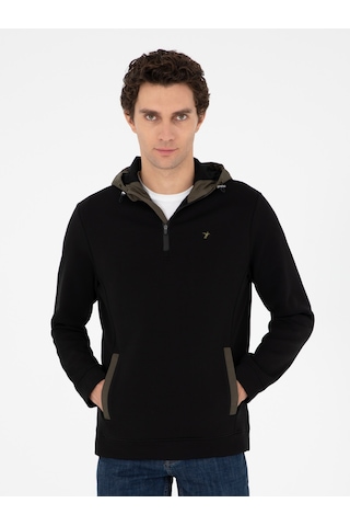 Siyah Regular Fit Pamuk Karışımlı Yarım Fermuarlı Kapüşonlu Sweatshirt