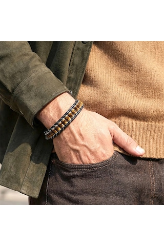 Moncuk Design Kaplan Gözü & Hematit Çelik Örgülü Deri Bileklik 33512b22d1 Kahverengi