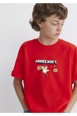 Mavi - Minecraft Baskılı Kırmızı Tişört 6610343-88523 Kırmızı