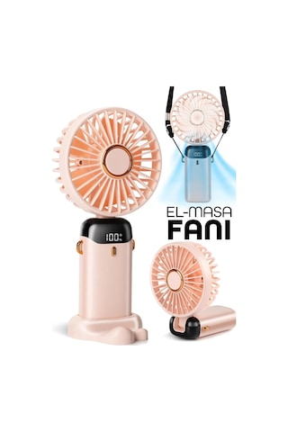 Lcd Ekranlı Şarjlı El Fanı Mini Vantilatör 5 Kademe Sessiz Boyun Askılı Pembe Fan