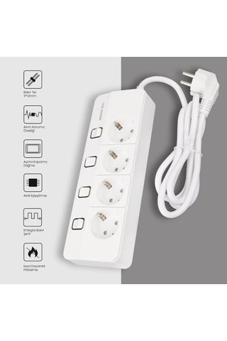4'lü Akım Korumalı Priz, 4000 Watt 16 Amper, 1400 Joule, Dörtlü Çoklu Priz, Her Priz İçin Ayrı 4 Anahtar Özell 0