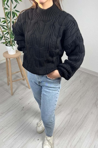 Explode - Kadın Siyah Yarım Boğazlı Örgülü Oversize Triko Kazak Siyah