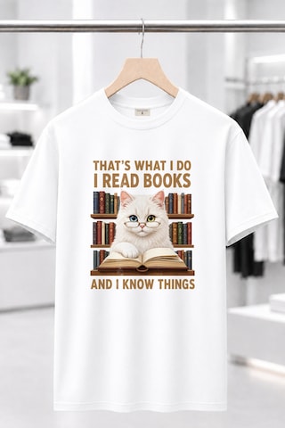 Bayloranzzo The Reader Cat %100 Pamuk Heavy Cotton Premium Kalite Kadın Tişört Beyaz