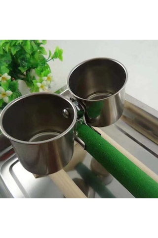 Yuntech01 Kuş İçme Yeme Aleti - Paslanmaz Çelik Kupa + Ahşap Çubuk - Tek Kupa - Kuş Yemleme Takımı