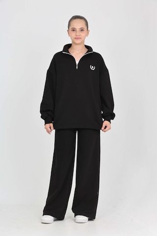 Toontoy Kids Toontoy Kız Çocuk 2'li Takım Dik Yaka Yarım Fermuarlı Nakışlı Sweatshirt & Beli Lastikli Bol Paça Cepli Eşofman Altı Siyah