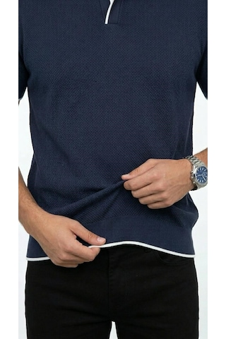 Plus Scorpion Erkek Pike Dokulu Triko Polo Yaka Tişört Slim Fit Şerit Detaylı Yazlık Model Lacivert