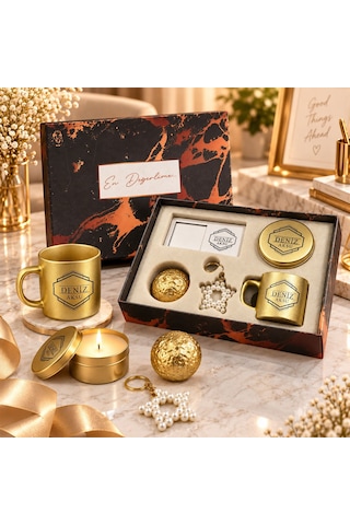 Bk Gift Kişiye Özel İsimli Gold Kahve Fincanı & Mum & Mdf Altlıklı Dekor & Anahtarlık - Hediye Kutulu Gold Set-3