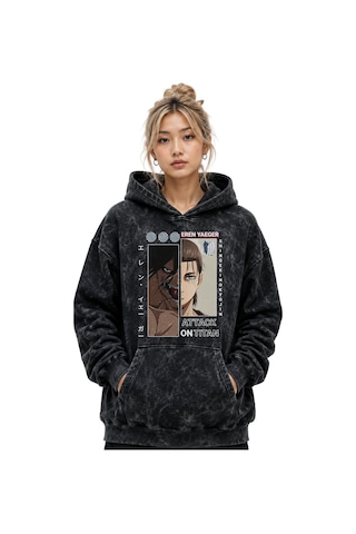 Sevbano Attack On Titan Eren Yeager Anime Baskılı Unisex Oversize Yıkamal Siyah