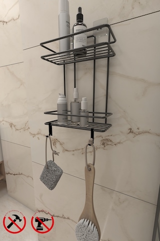 Ömür Boyu Paslanmaz Yapışkanlı Siyah 2 Katlı Düz Banyo Şampuanlık Tş02, Delmeye Son, Matkap Vida Yok Çok Renkli