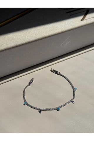 Yıldız Figürlü Mavi Taş Detaylı Gümüş Renk Çelik Bileklik Zarif Kadın Takı Gümüş