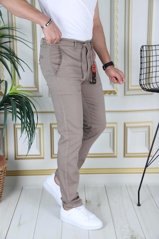 Phantom Jeans Erkek Kahve Slim Fit Esnek Likralı Armürlü Keten Pantolon Bağcıklı Kemerli Beli Lastikli Şık Pantolo Sütlü Kahve